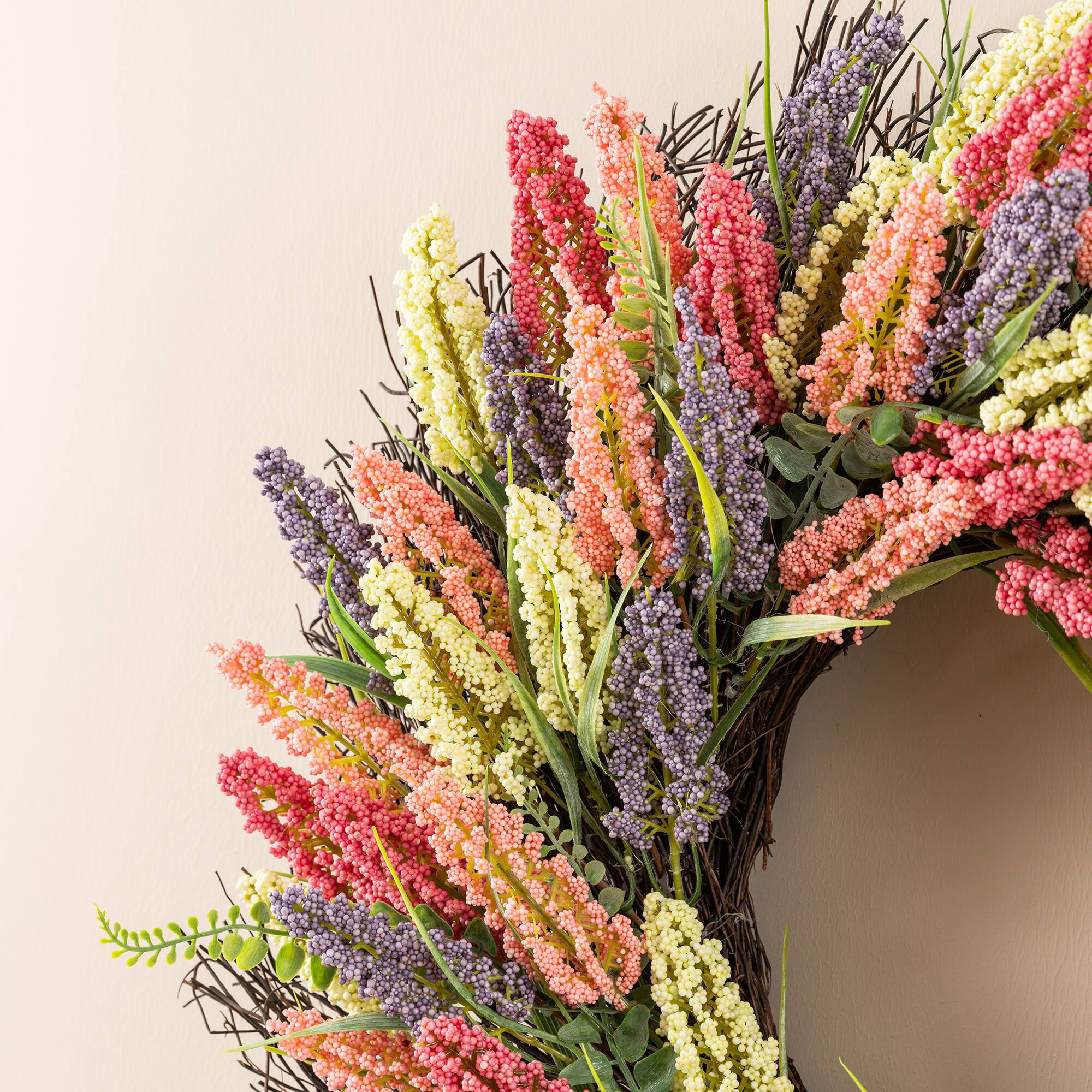 Glitzhome® 24" Pink, Purple & Yellow Heather Wreath with Black Metal Hanger